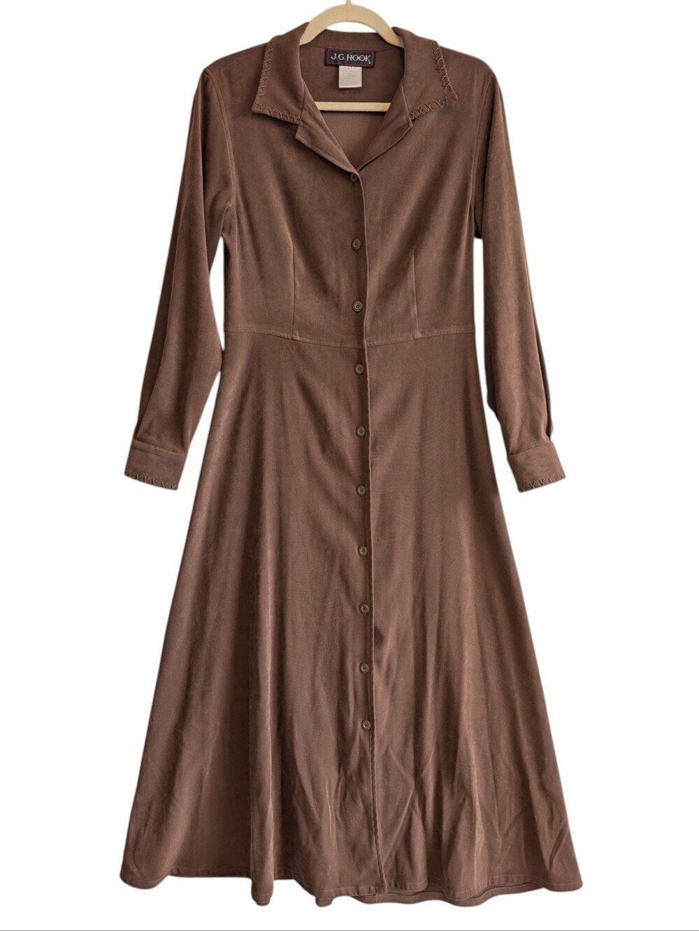 J G Hook Women's Brown Faux Suede Maxi Dress Button Down Western Cowgirl Sz 8